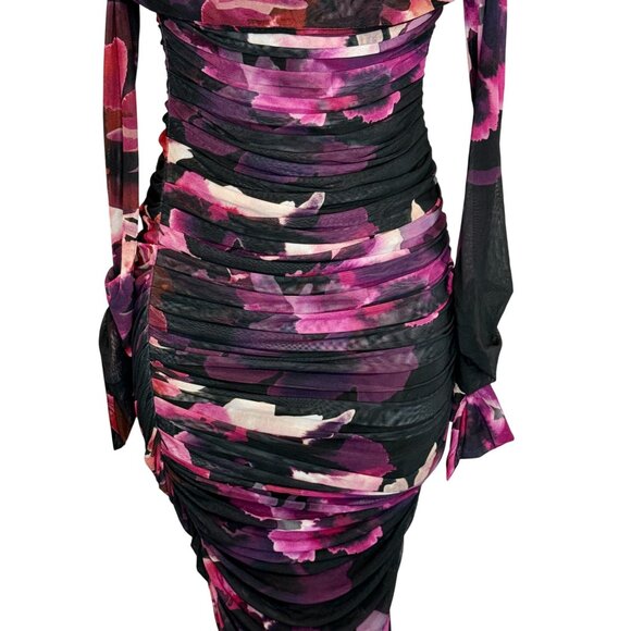 NICHOLAS Oaklyn Off Shoulder Shirred Midi Dress in Blur Floral Magenta - Size 2 - Picture 3 of 6